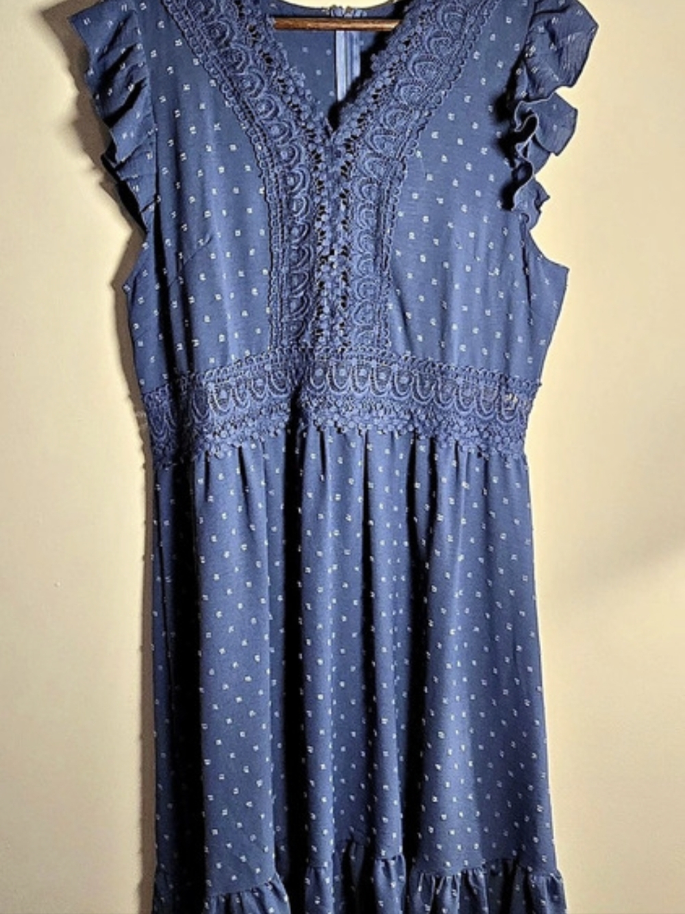 Slate Blue Swiss Dot Midi Dress Sheer Lace Waist Ruffle Cap Sleeve Size 12